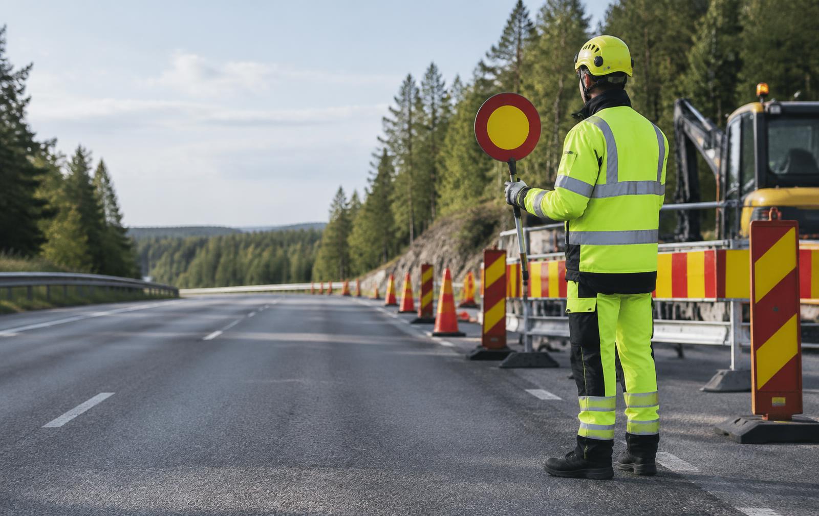 Illustrationsbild av en flaggvakt vid ett vägarbete med tydliga avspärrningar